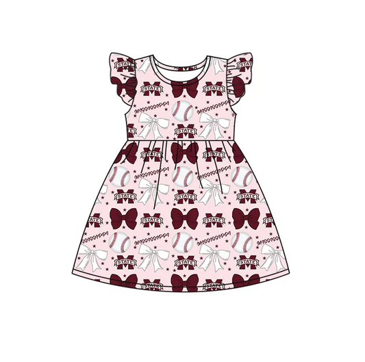 6.16 Preorder (moq 5)Baby Girls Flutter Sleeves Baseballs Bows M State Team Knee Length Dresses