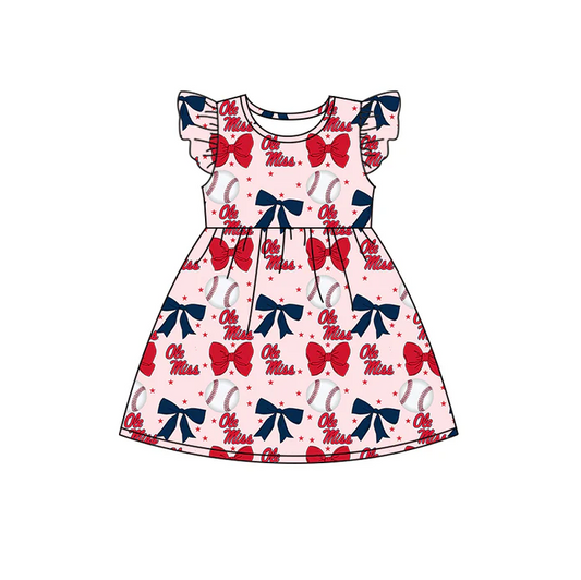 6.16 Preorder (moq 5)Baby Girls Flutter Sleeves Baseballs Bows Ole Miss Team Knee Length Dresses