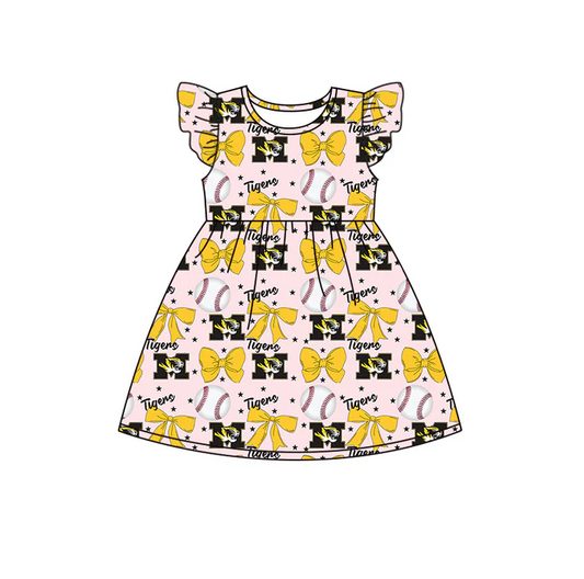 6.16 Preorder (moq 5)Baby Girls Flutter Sleeves Baseballs Bows M Tiger Team Knee Length Dresses