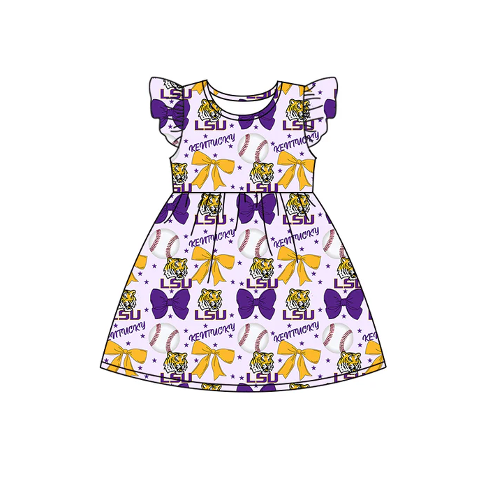 6.16 Preorder (moq 5)Baby Girls Flutter Sleeves Baseballs Bows LSU Tiger Team Knee Length Dresses