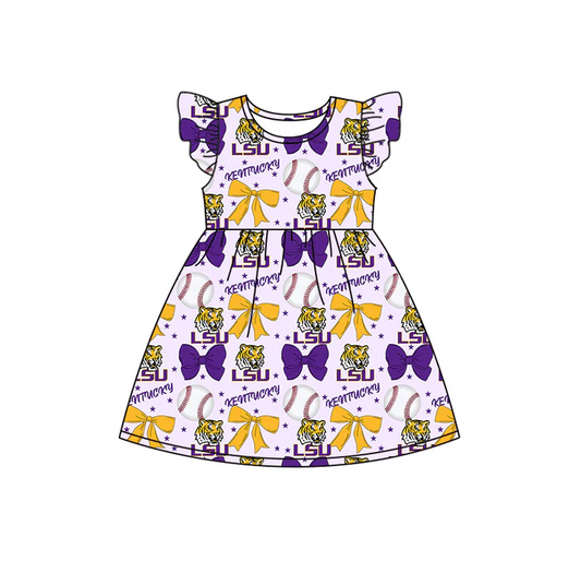 6.16 Preorder (moq 5)Baby Girls Flutter Sleeves Baseballs Bows LSU Tiger Team Knee Length Dresses