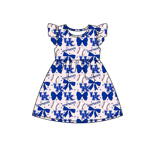 6.16 Preorder (moq 5)Baby Girls Flutter Sleeves Baseballs Bows UK Team Knee Length Dresses