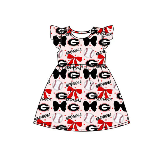 6.16 Preorder (moq 5)Baby Girls Flutter Sleeves Baseballs Bows Georgia Team Knee Length Dresses