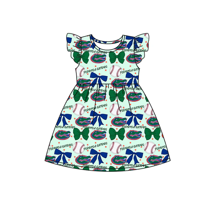 6.16 Preorder (moq 5)Baby Girls Flutter Sleeves Baseballs Bows Crocodiles Team Knee Length Dresses