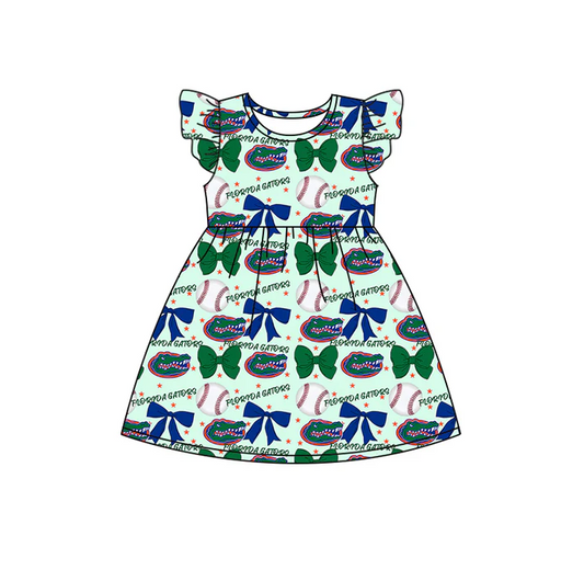 6.16 Preorder (moq 5)Baby Girls Flutter Sleeves Baseballs Bows Crocodiles Team Knee Length Dresses