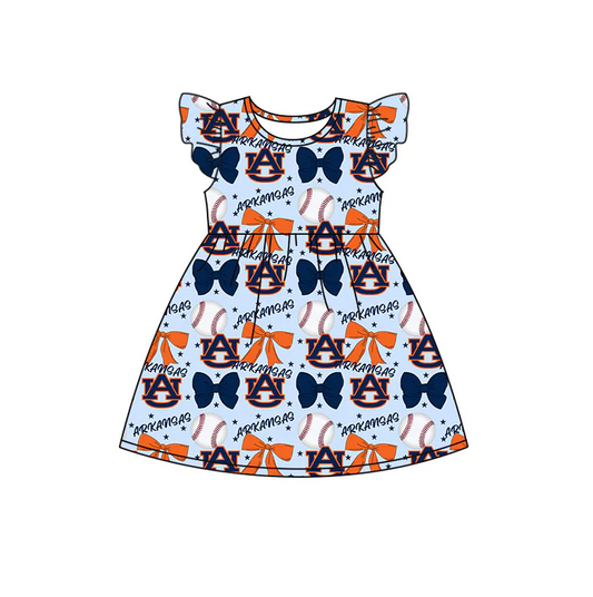 6.16 Preorder (moq 5)Baby Girls Flutter Sleeves Baseballs Bows AU Team Knee Length Dresses