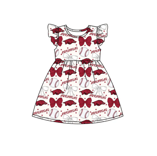 6.16 Preorder (moq 5)Baby Girls Flutter Sleeves Baseballs Bows Arkansas Team Knee Length Dresses