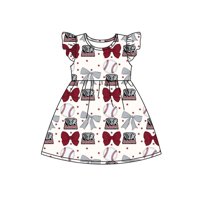 6.16 Preorder (moq 5)Baby Girls Flutter Sleeves Baseballs Bows Alabama Team Knee Length Dresses
