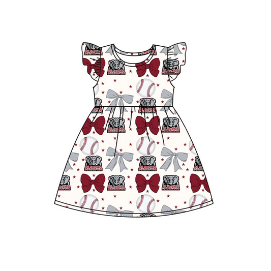 6.16 Preorder (moq 5)Baby Girls Flutter Sleeves Baseballs Bows Alabama Team Knee Length Dresses