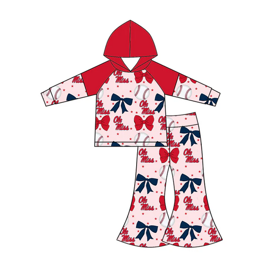 6.16 Preorder (moq 5)Baby Girls Long Sleeves Baseballs Bows Ole Miss Hoodie Top Bell Bottom Pant Team Set