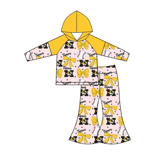 6.16 Preorder (moq 5)Baby Girls Long Sleeves Baseballs Bows M Tiger Hoodie Top Bell Bottom Pant Team Set