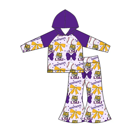 6.16 Preorder (moq 5)Baby Girls Long Sleeves Baseballs Bows LSU Tiger Hoodie Top Bell Bottom Pant Team Set