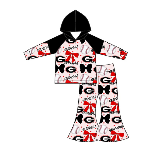 6.16Preorder (moq 5)Baby Girls Long Sleeves Baseballs Bows Georgia Hoodie Top Bell Bottom Pant Team Set