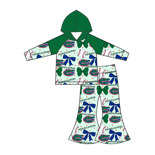 6.16 Preorder (moq 5)Baby Girls Long Sleeves Baseballs Bows Crocodiles Hoodie Top Bell Bottom Pant Team Set