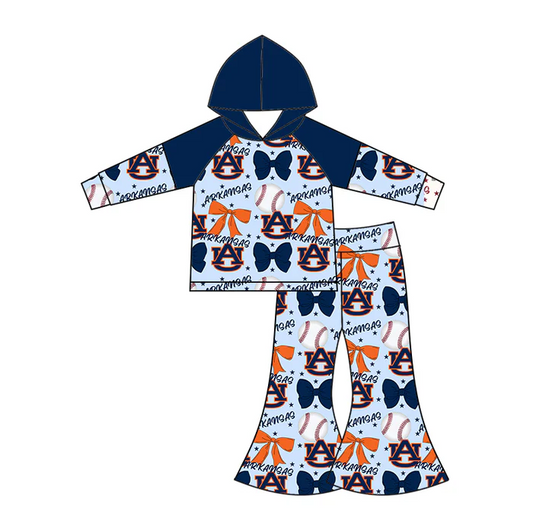 6.16 Preorder (moq 5)Baby Girls Long Sleeves Baseballs Bows AU Hoodie Top Bell Bottom Pant Team Set