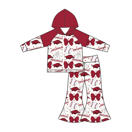 6.16 Preorder (moq 5)Baby Girls Long Sleeves Baseballs Bows Arkansas Hoodie Top Bell Bottom Pant Team Set