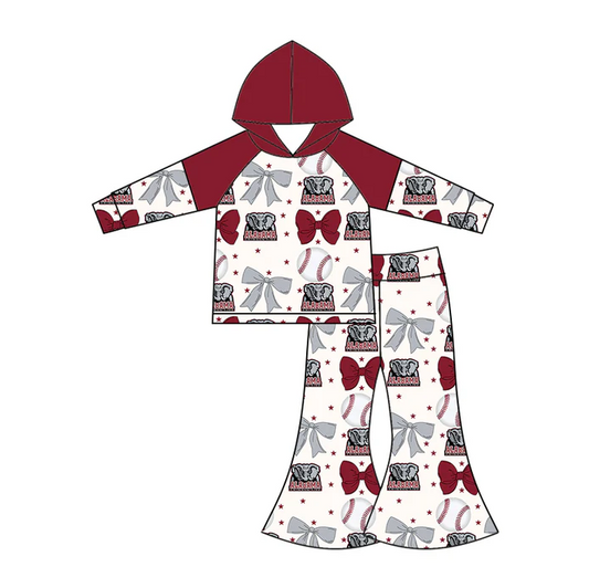6.16 Preorder (moq 5)Baby Girls Long Sleeves Baseballs Bows Alabama Hoodie Top Bell Bottom Pant Team Set
