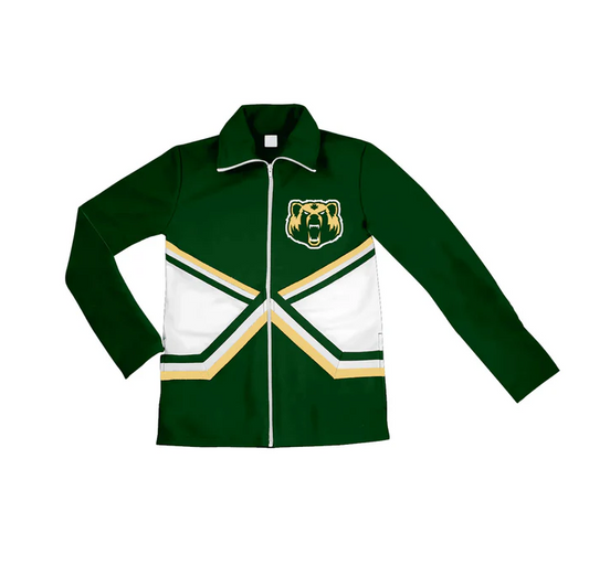 6.17 Preorder (moq 5)Baby Girls Dark Green Long Sleeves Bear Print Team Zipper Jacket Top
