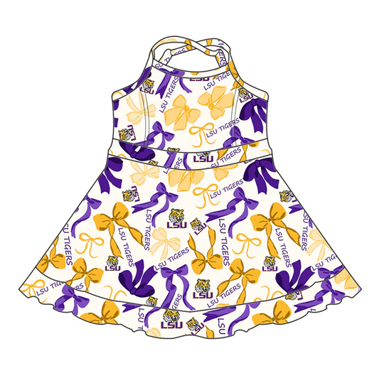 6.17 Preorder (moq 5)Baby Girls Strap Purple Yellow Bows LSU Tiger Ruffle Shorts Knee Length Dresses