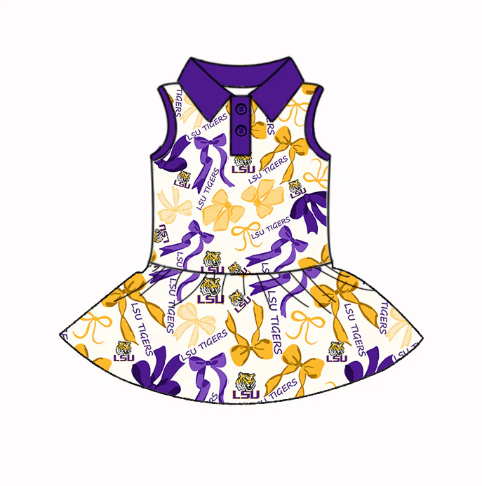 6.17 Preorder (moq 5)Baby Girls Purple Sleeveless LSU Tiger Bows Plaid Button Knee Length Dresses