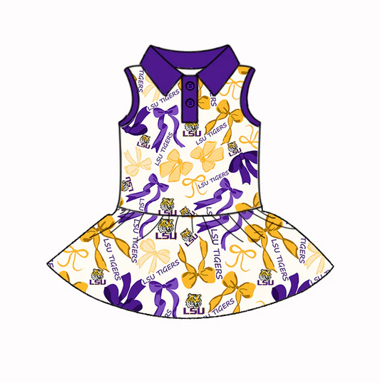 6.17 Preorder (moq 5)Baby Girls Purple Sleeveless LSU Tiger Bows Plaid Button Knee Length Dresses