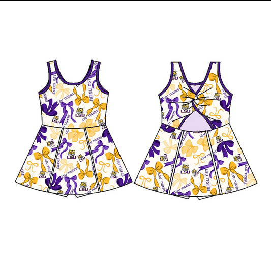 6.17 Preorder (moq 5)Baby Girls Purple Yellow Bows LSU Tiger Shorts Team Knee Length Dresses