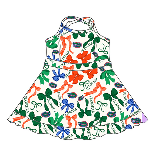 6.17 Preorder (moq 5)Baby Girls Green Strap Bows Plaid Florida Ruffle Shorts Team Knee Length Dresses