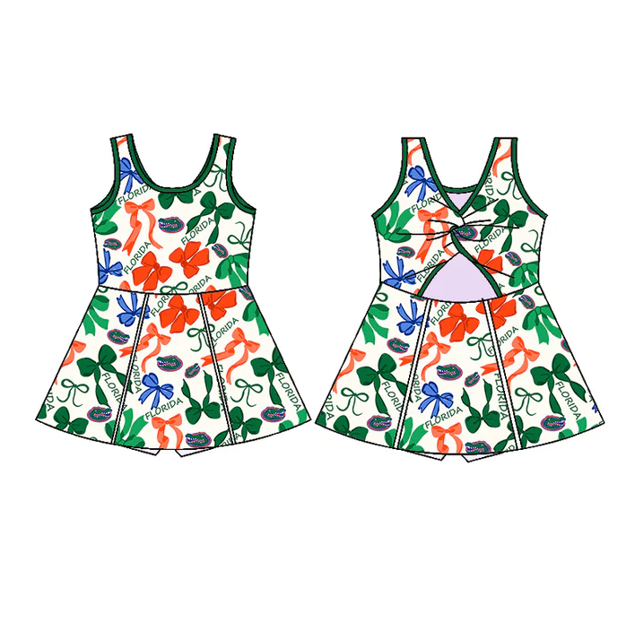 6.17 Preorder (moq 5)Baby Girls Green Sleeveless Bows Plaid Florida Shorts Team Knee Length Dresses