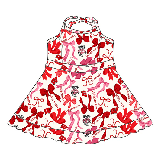 6.17 Preorder (moq 5)Baby Girls Strap Red Wisconsin Bows Plaid Ruffle Shorts Team Knee Length Dresses