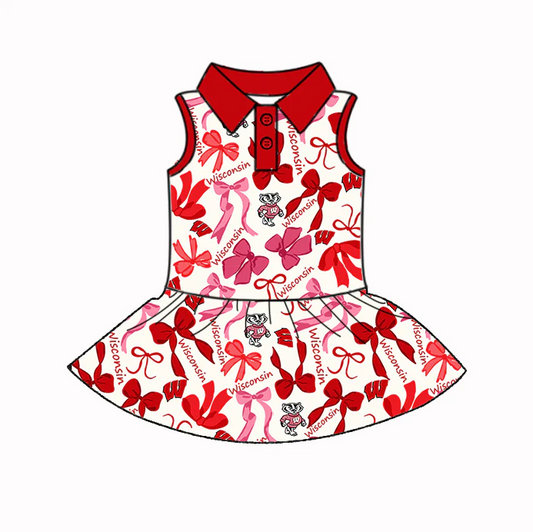 6.17 Preorder (moq 5)Baby Girls Red Sleeveless Wisconsin Bows Plaid Button Team Knee Length Dresses