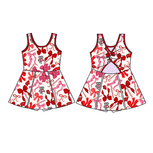 6.17 Preorder (moq 5)Baby Girls Sleeveless Wisconsin Bows Plaid Shorts Team Knee Length Dresses