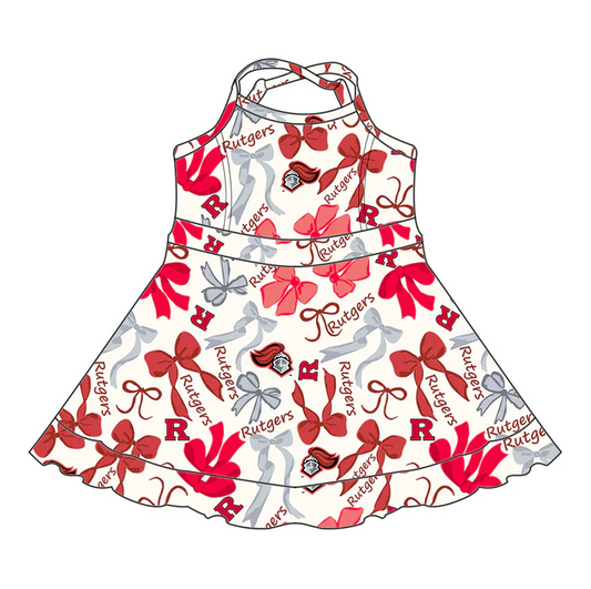 6.17 Preorder (moq 5)Baby Girls Strap Red Rutgers Bows Plaid Ruffle Shorts Team Knee Length Dresses