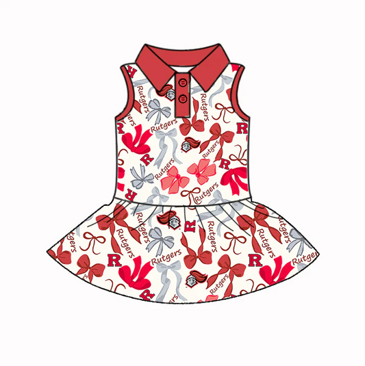 6.17  Preorder (moq 5)Baby Girls Red Sleeveless Rutgers Bows Plaid Button Team Knee Length Dresses