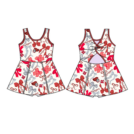 6.17  Preorder (moq 5)Baby Girls Red Sleeveless Rutgers Bows Short Team Knee Length Dresses