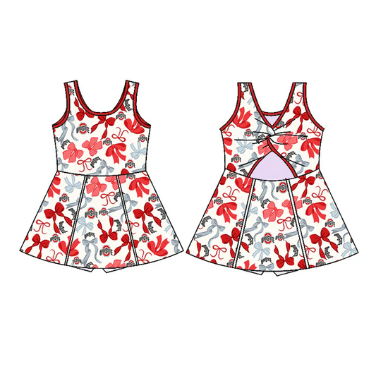 6.17 Preorder (moq 5)Baby Girls Sleeveless Red Bows Plaid Shorts Team Knee Length Dresses