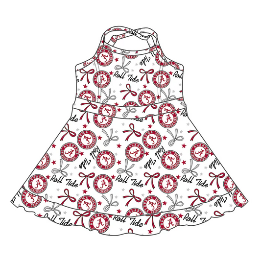6.17 Preorder (moq 5)Baby Girls Strap Red A Roll Tide Bows Stars Ruffle Shorts Team Knee Length Dresses