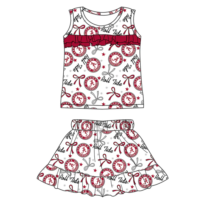 6.17 Preorder (moq 5)Baby Girls Sleeveless Red A Roll Tide Bows Stars Top Ruffle Skorts Team Set Regular price$9.50 USD