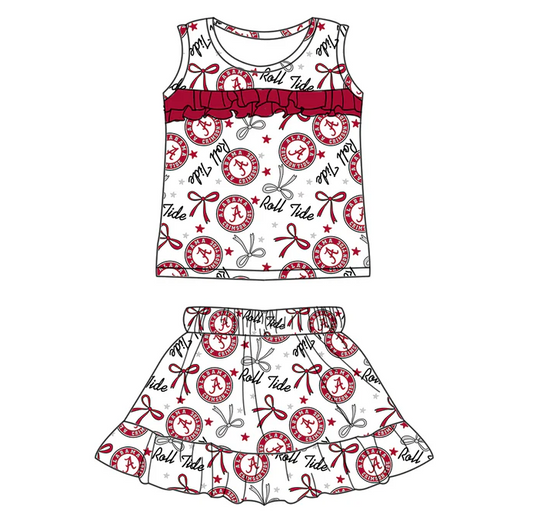 6.17 Preorder (moq 5)Baby Girls Sleeveless Red A Roll Tide Bows Stars Top Ruffle Skorts Team Set Regular price$9.50 USD