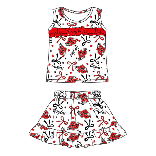 6.17 Preorder (moq 5)Baby Girls Sleeveless Red EP Stars Bows Top Ruffle Skorts Team Set