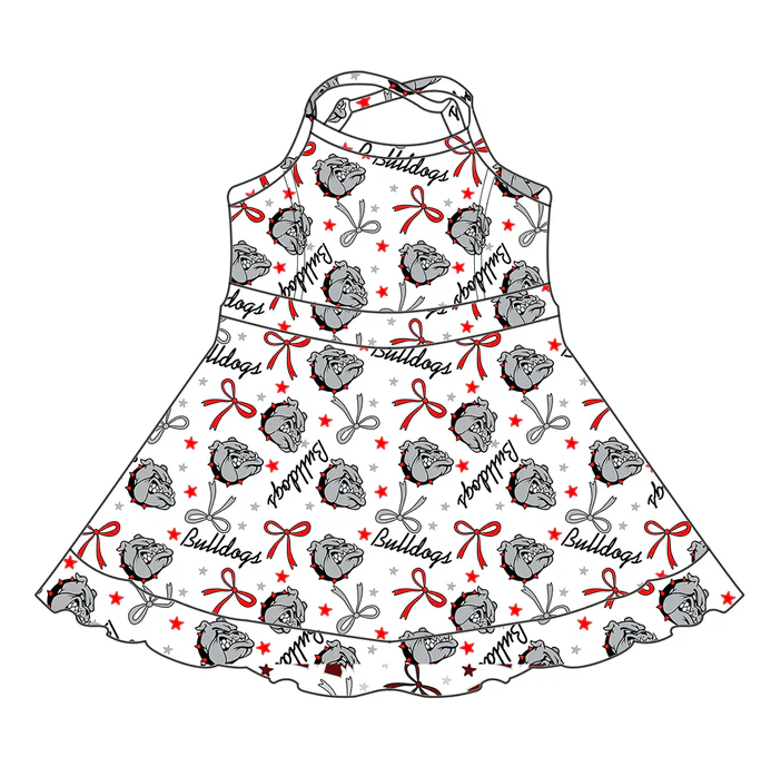 6.17 Preorder (moq 5)Baby Girls Strap Gray Dogs Stars Bows Ruffle Shorts Team Knee Length Dresses