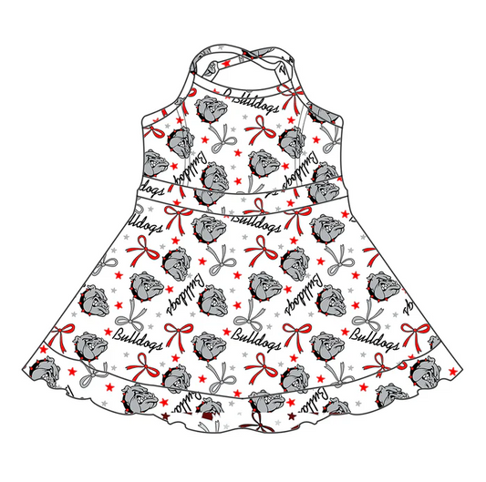 6.17 Preorder (moq 5)Baby Girls Strap Gray Dogs Stars Bows Ruffle Shorts Team Knee Length Dresses