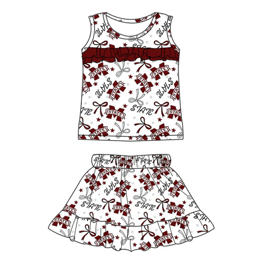 6.17 Preorder (moq 5)Baby Girls Sleeveless Brown M State Bows Stars Top Ruffle Skort Team Set