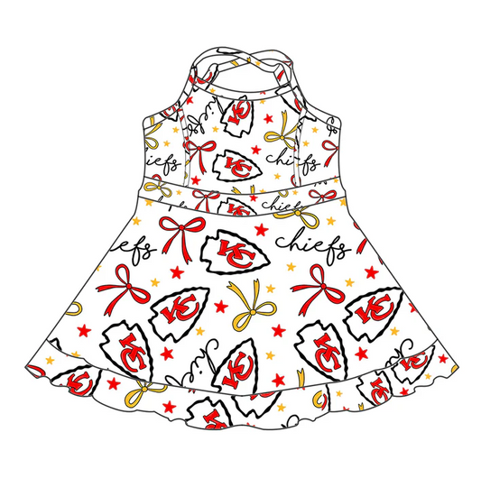 6.17 Preorder (moq 5)Baby Girls Strap Red KC Bows Stars Ruffle Shorts Team Knee Length Dresses