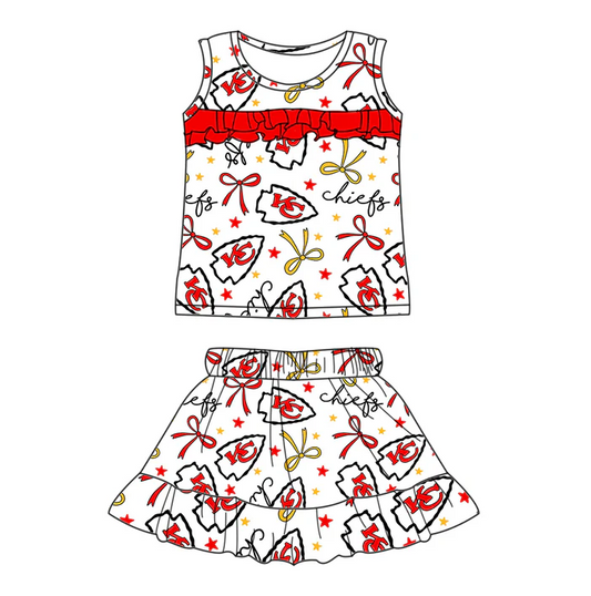 6.17 Preorder (moq 5)Baby Girls Sleeveless Red KC Bows Stars Top Ruffle Skorts Team Set