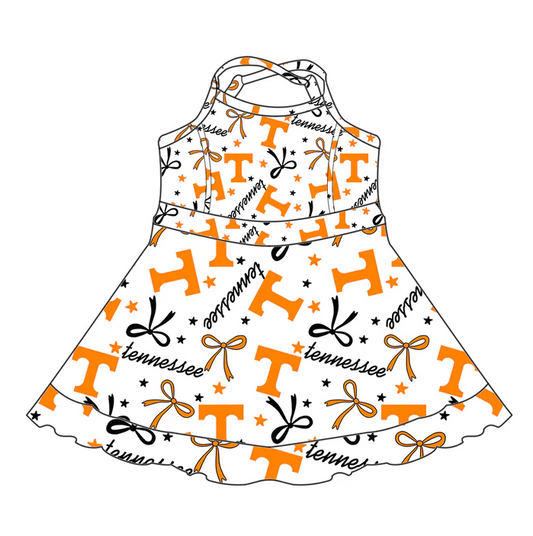 6.17 Preorder (moq 5)Baby Girls Strap Orange T Bows Stars Shorts Team Knee Length Dresses