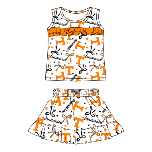 6.17 Preorder (moq 5)Baby Girls Sleeveless Orange T Bows Stars Top Ruffle Skorts Team Set