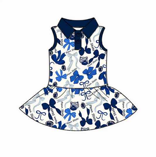 6.17 Preorder (moq 5)Baby Girls Hot Blue Sleeveless Penn State Bows Plaid Button Knee Length Dresses