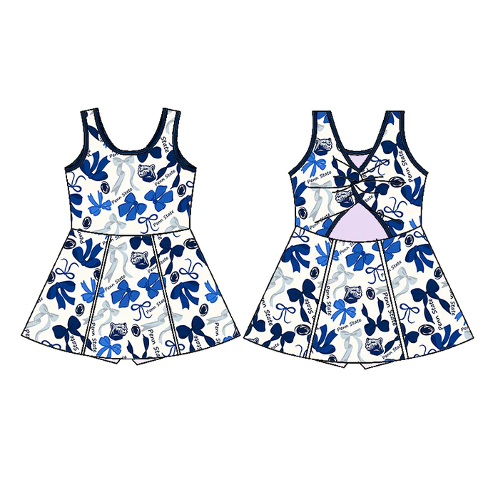 6.17 Preorder (moq 5)Baby Girls Hot Blue Sleeveless Penn State Bows Plaid Shorts Knee Length Dresses