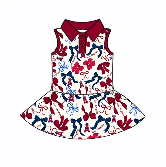 6.19 Preorder (moq 5)Baby Girls Blue Red Los Angel Bows Plaid Button Team Knee Length Dresses