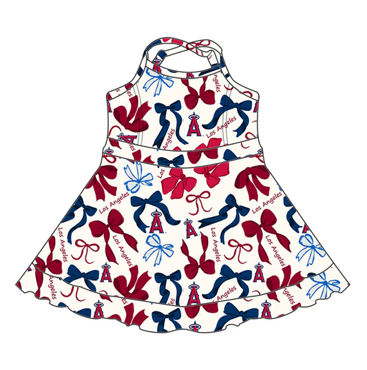 6.19 Preorder (moq 5)Baby Girls Blue Red Los Angel Bows Plaid Short Ruffle Team Knee Length Dresses